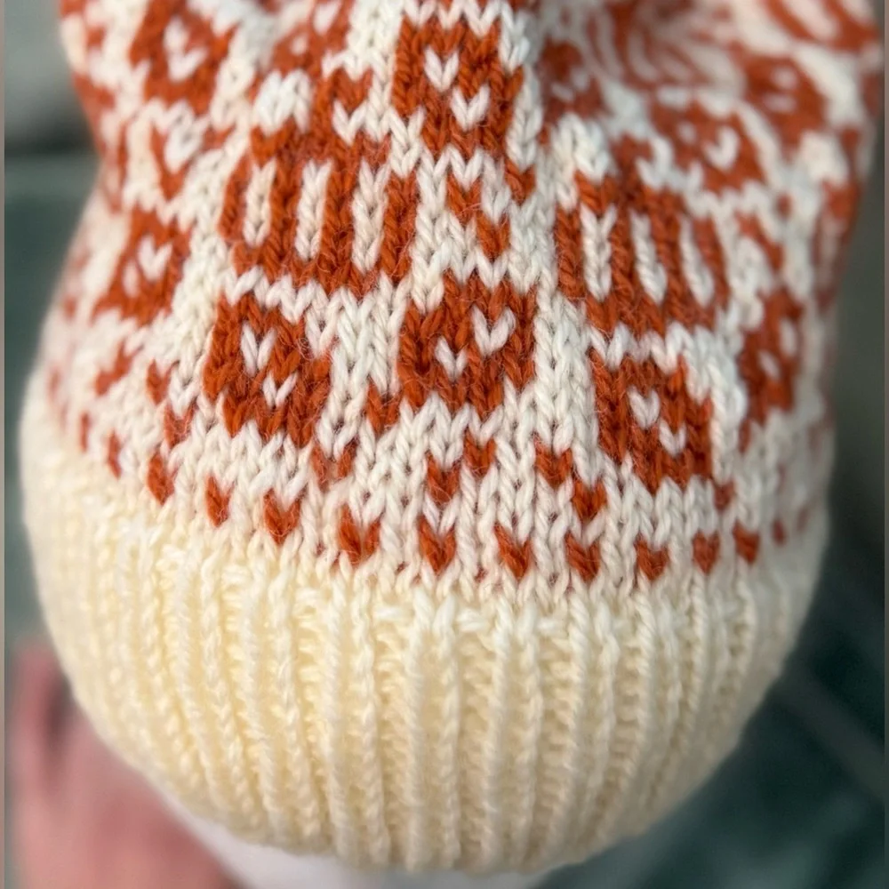 Handmade Hand Crafted Adult Fall Knit Wool Hat Cream and Pumpkin - Picture 3 of 4